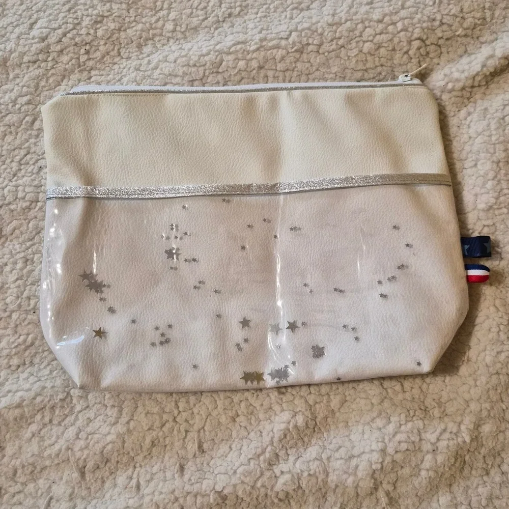 Blue Glitter Whale Shaker Cosmetic Bag White Faux Leather Star Print Pouch Beach